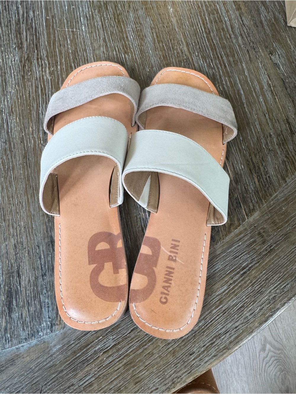 Gianni Bini Women's Dual-Band Slide Sandals in Light Gray and Taupe